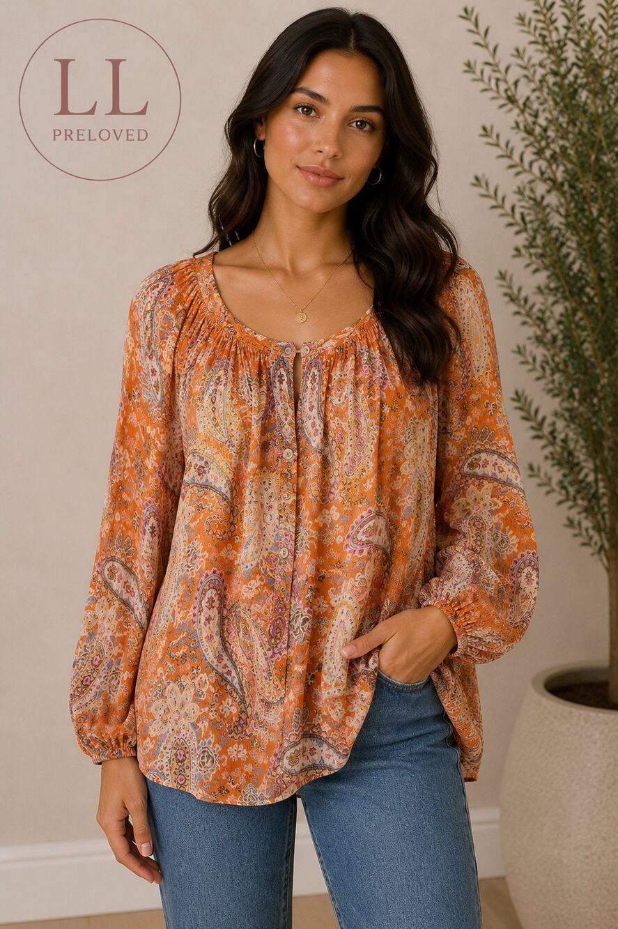 Sundance 100% Silk Paisley Peasant Blouse – Women’s Medium bobo balloon sleeve